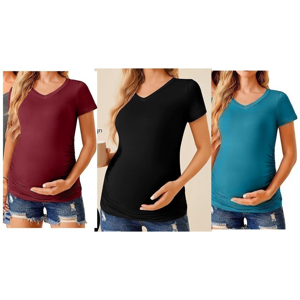Ekouaer‎ Women's 3-Pack Ruched Side V-Neck Short Sleeve Maternity Shirts - Small
